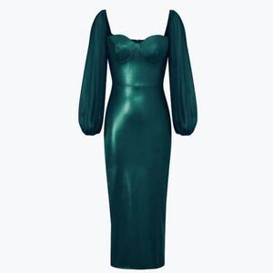Y2K Emerald Sweetheart Neck Puff Mesh Sleeve Bustier Vegan Leather Midi